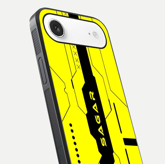 Circuit CYBERPUNK Custom Name Glass Case for iPhone Air  close-up highlighting neon lines, futuristic tones, and gloss reflection