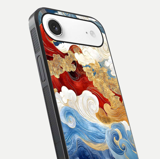 Colored Waves Glass Case for iPhone Air  close-up angled shot highlighting gradient flow and light reflection