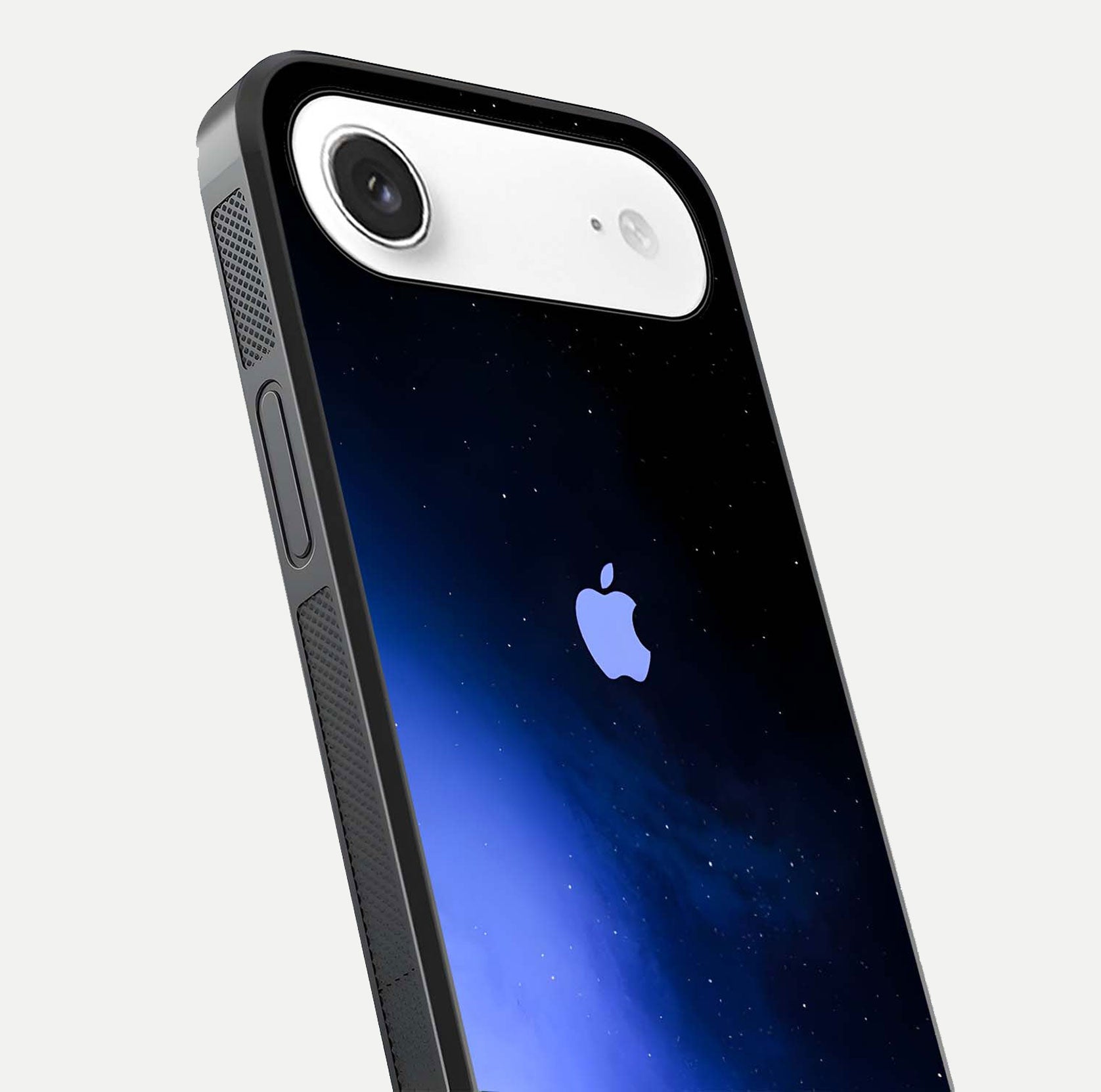 Cosmic Blue Apple Glass Case for iPhone Air  close-up highlighting galaxy pattern, shine, and reflection detail