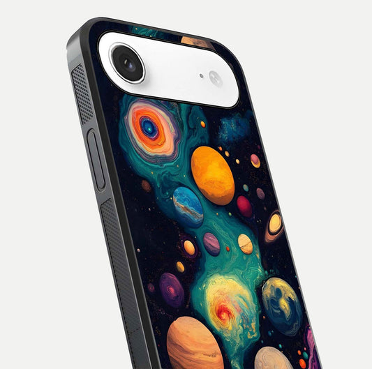 Cosmic Planet Journey Glass Case for iPhone Air  close-up highlighting planets, stars, and shine reflection