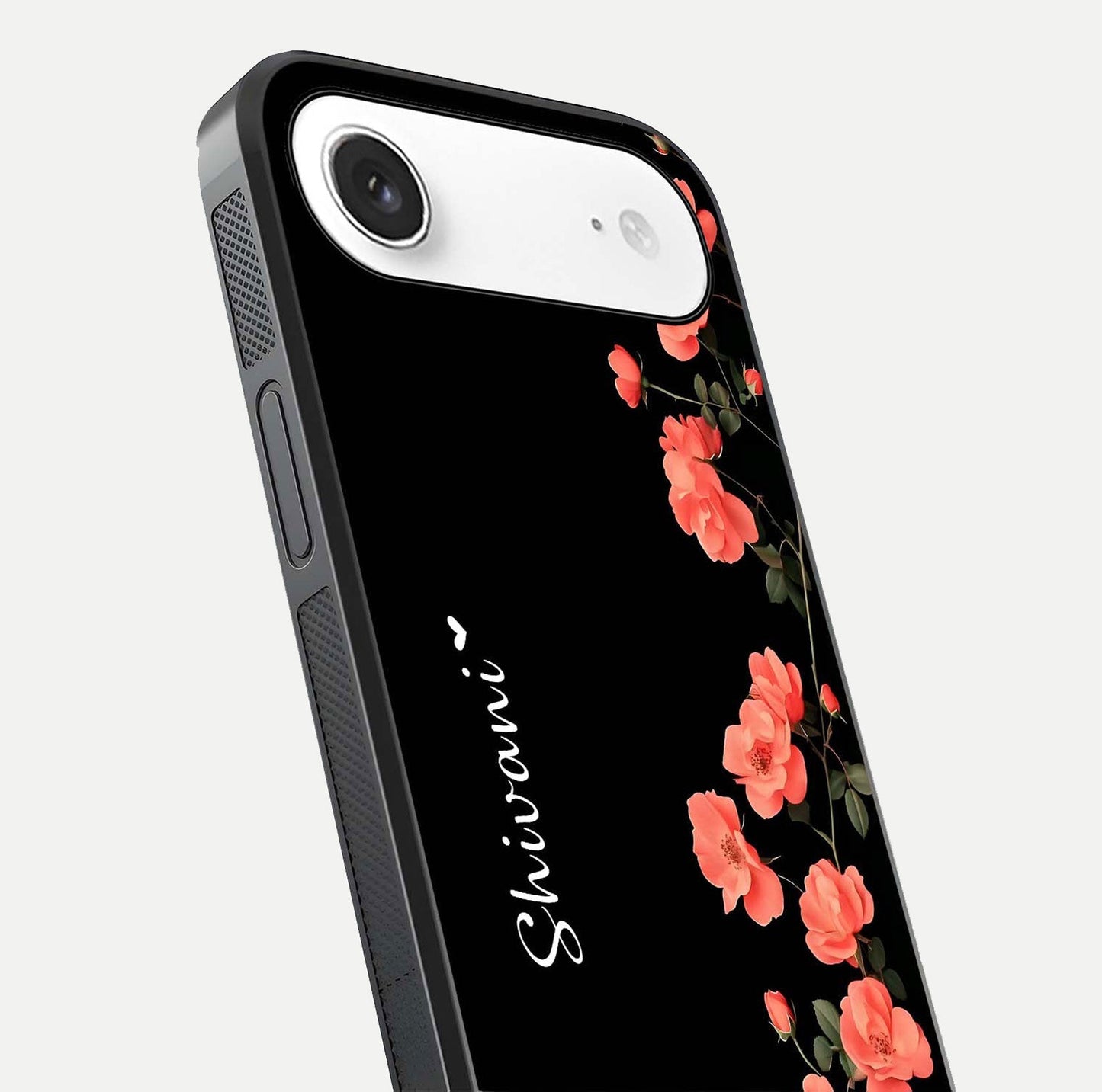 Crimson Bloom Grace Custom Name Glass Case for iPhone Air  close-up highlighting flower pattern and reflection texture