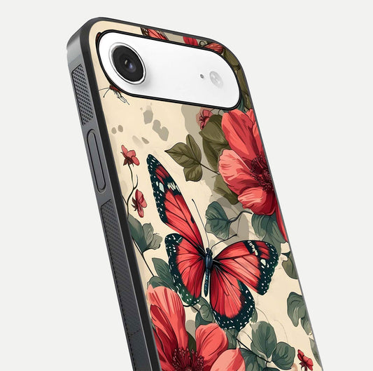Crimson Butterfly Garden Glass Case for iPhone Air  close-up showing wing detail and reflection shine
