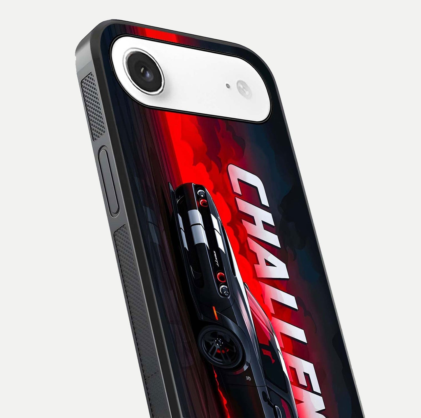 Crimson Challenger Fury Glass Case for iPhone Air  close-up highlighting car details and reflection depth