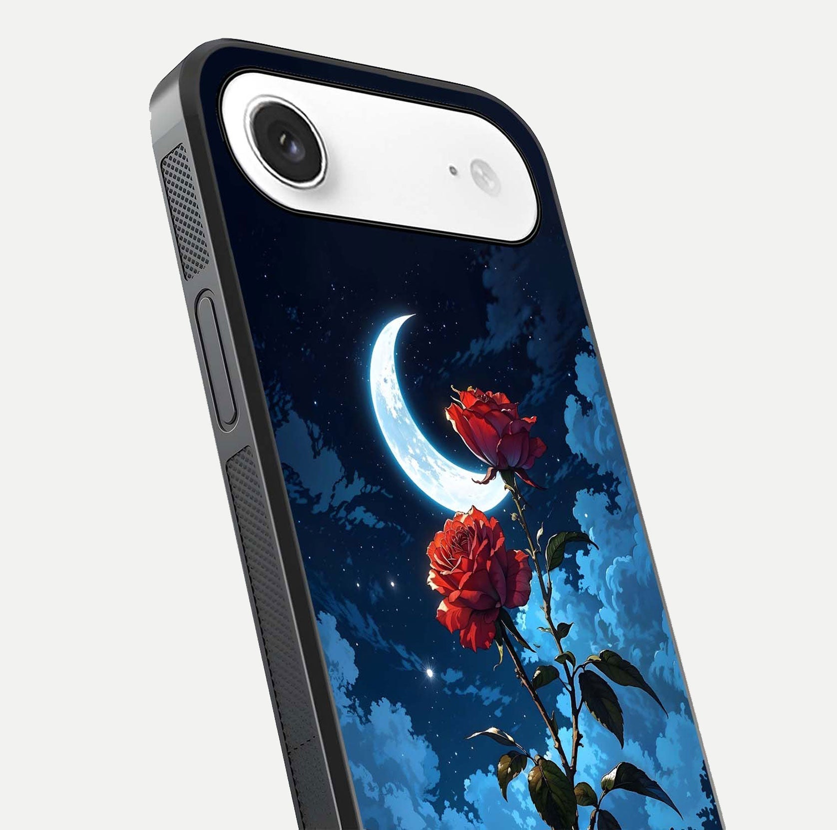 Crimson Rose Moon Glass Case for iPhone Air  close-up showing rose detail and reflection highlight
