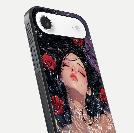 Crimson Rose Serenity Glass Case for iPhone Air  close-up highlighting rose gradient and reflection detail