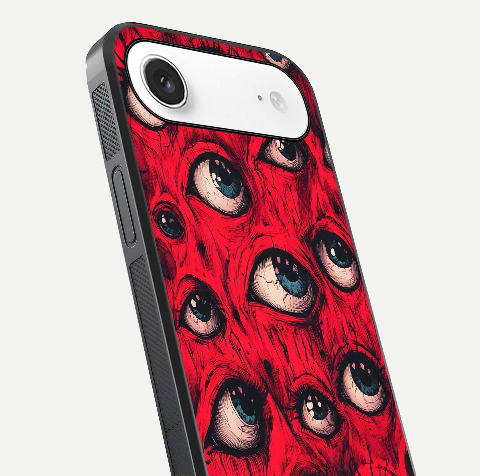 Crimson Watch Eyes Glass Case for iPhone Air  close-up highlighting graphic detail and reflection