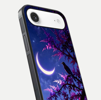 Crow & Moon Scenery Glass Case for iPhone Air  close-up highlighting moon detail, dark tones, and glass reflection