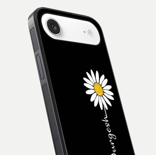 Custom Name White Flower Glass Case for iPhone Air  close-up highlighting petals, name print, and reflection polish