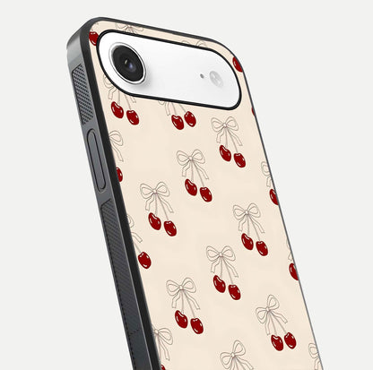 Cute Cherry Pattern Glass Case for iPhone Air  close-up showing cherry cluster details and light reflection