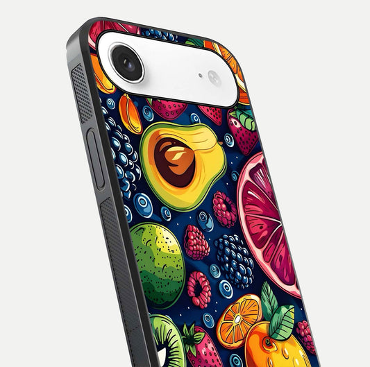 Cute Fruits Art Glass Case for iPhone Air  close-up highlighting fruit shapes, color tones, and reflection polish