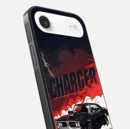 Dark Charger Fury Glass Case for iPhone Air  close-up highlighting car reflection and light gloss
