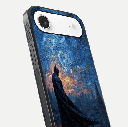 Dark Knight Dusk Glass Case for iPhone Air  close-up highlighting dark suit texture and reflection detail