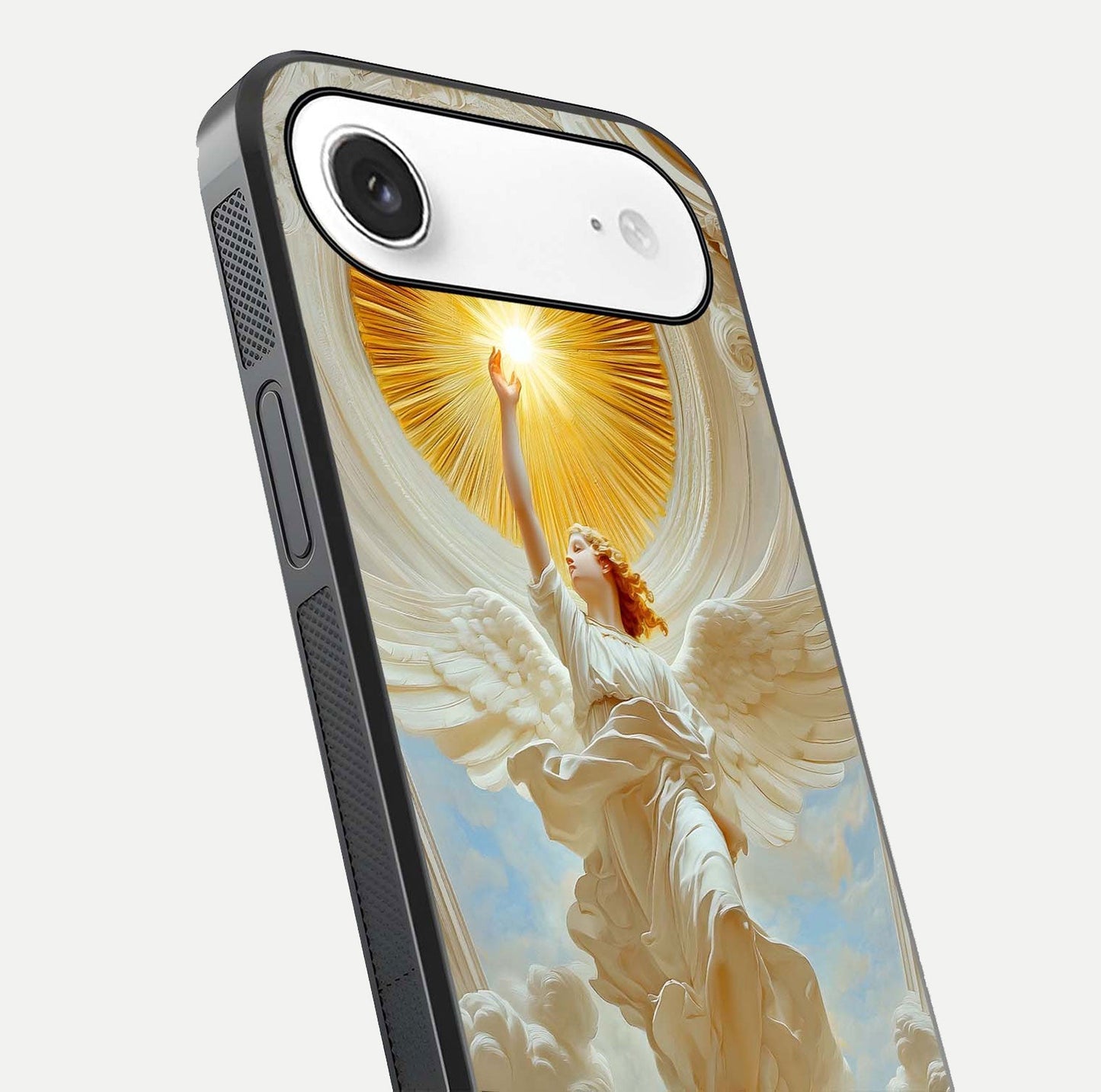 Divine Light Angel Glass Case for iPhone Air  close-up highlighting light rays and glass reflection