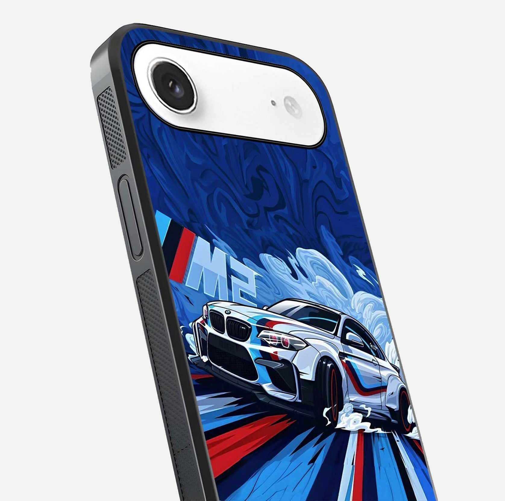 Drift Power Rush Glass Case for iPhone Air  close-up highlighting car reflection and metallic tones