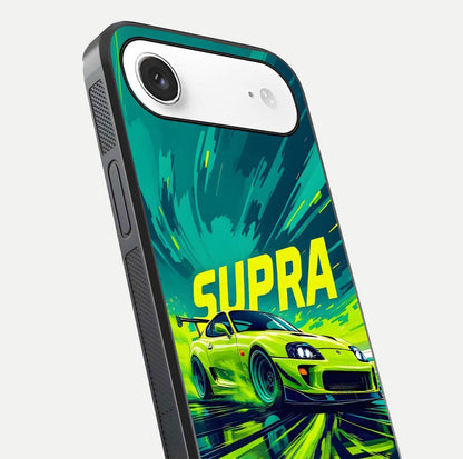 Electric Supra Thunder Glass Case for iPhone Air  close-up highlighting car reflection, neon tones, and gloss polish
