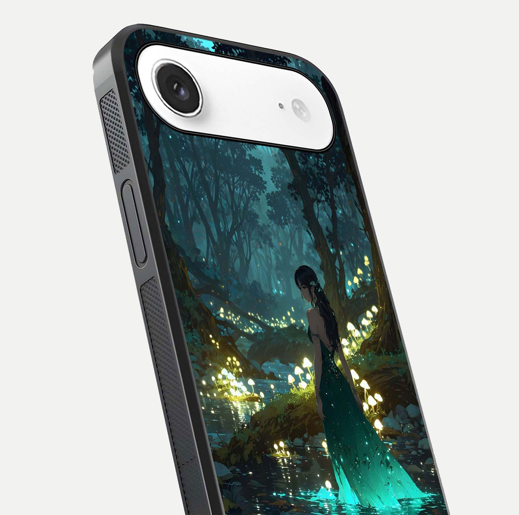 Enchanted Forest Glow Glass Case for iPhone Air  close-up highlighting trees, lights, and reflection texture
