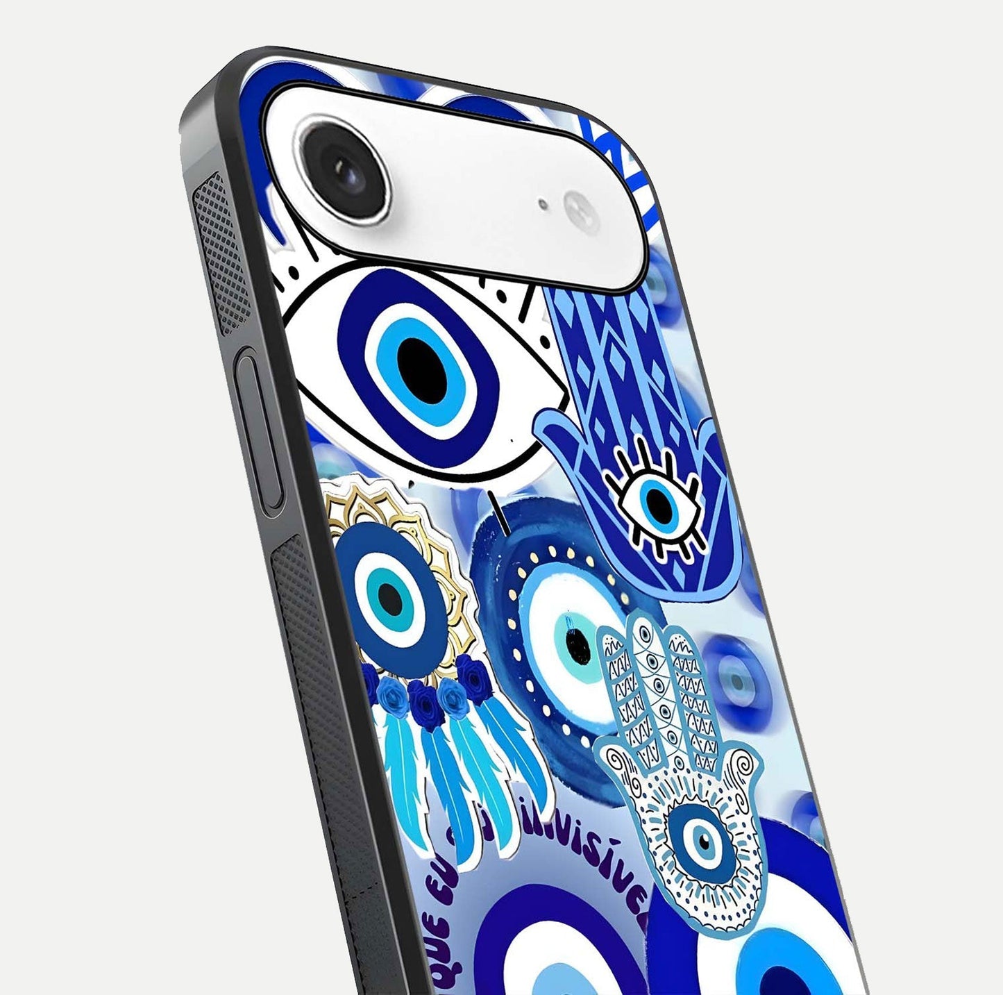 Evil Eyes Dream Glass Case for iPhone Air  close-up highlighting evil-eye charm detail and light reflection on glass