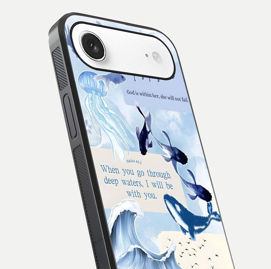 Faithful Ocean Promise Glass Case for iPhone Air  close-up highlighting water reflection and serene blue tones