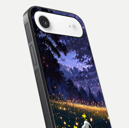 Firefly Meadow Magic Glass Case for iPhone Air  close-up highlighting luminous firefly light and reflection detail