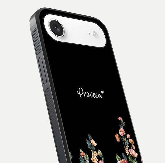 Floral Design Personalized Custom Name Glass Case for iPhone Air  close-up highlighting name clarity, petals, and gloss