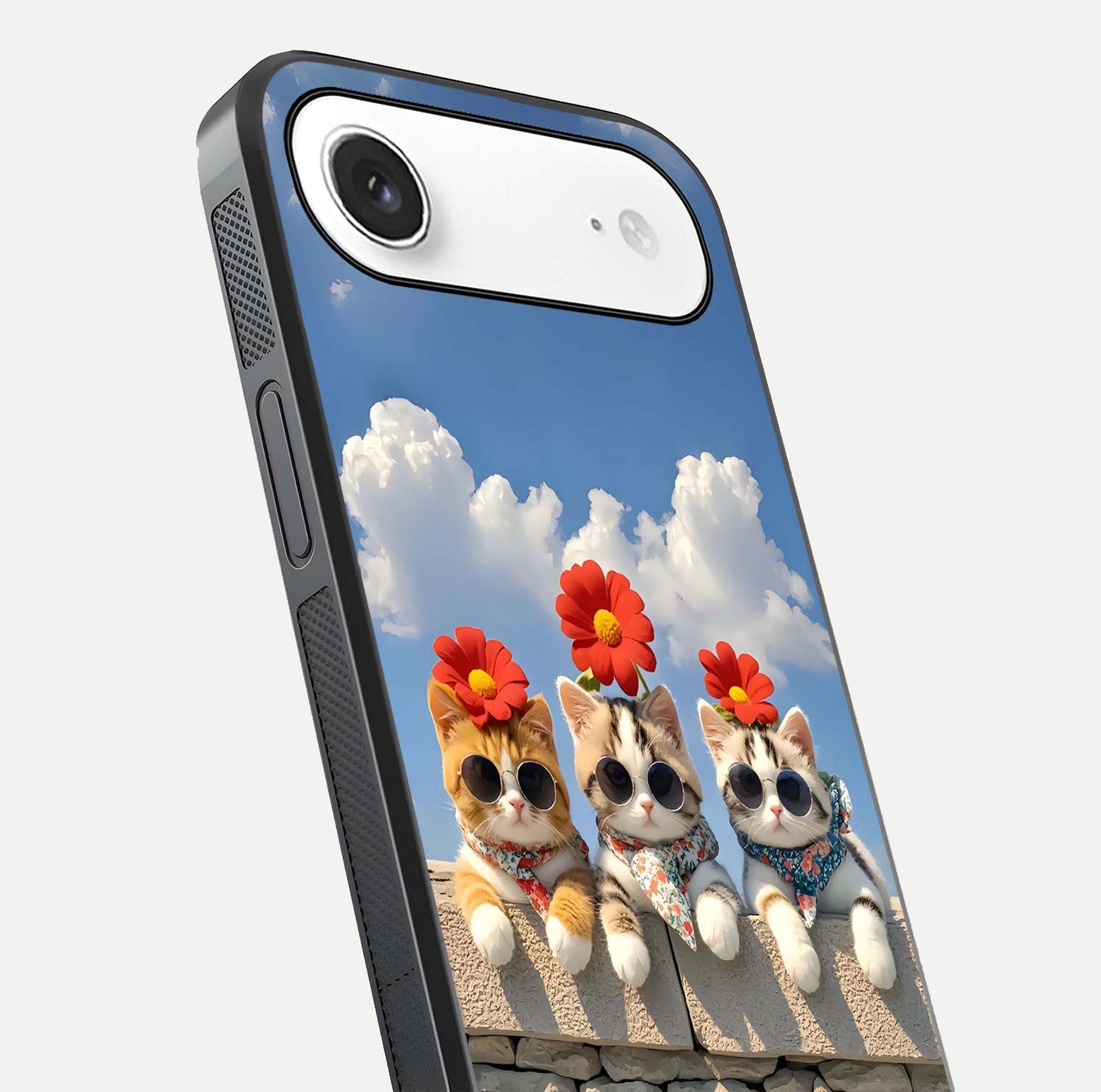 Floral Kitty Squad Glass Case for iPhone Air  close-up highlighting cat detail and flower patterns with HD shine