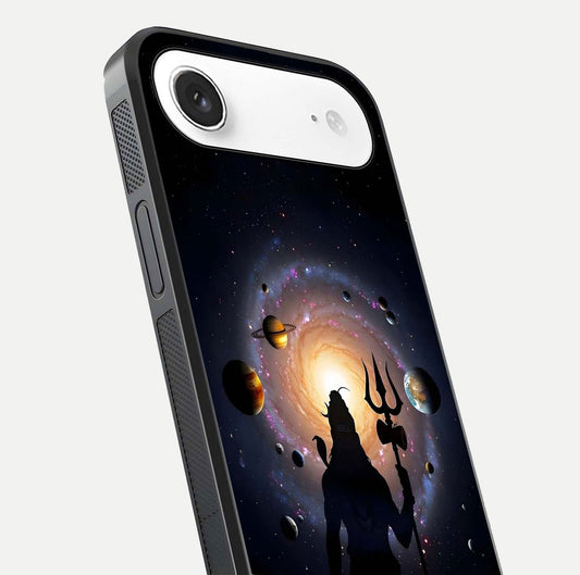 Galactic Shiva Vision Glass Case for iPhone Air  close-up angled shot highlighting divine aura, trident details, and reflection shine