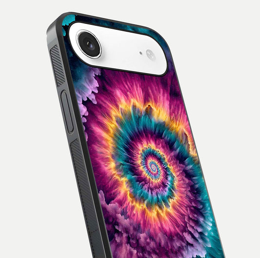 Galactic Spiral Burst Glass Case for iPhone Air  close-up angled shot showing spiral burst detail, neon tones, and glossy reflection