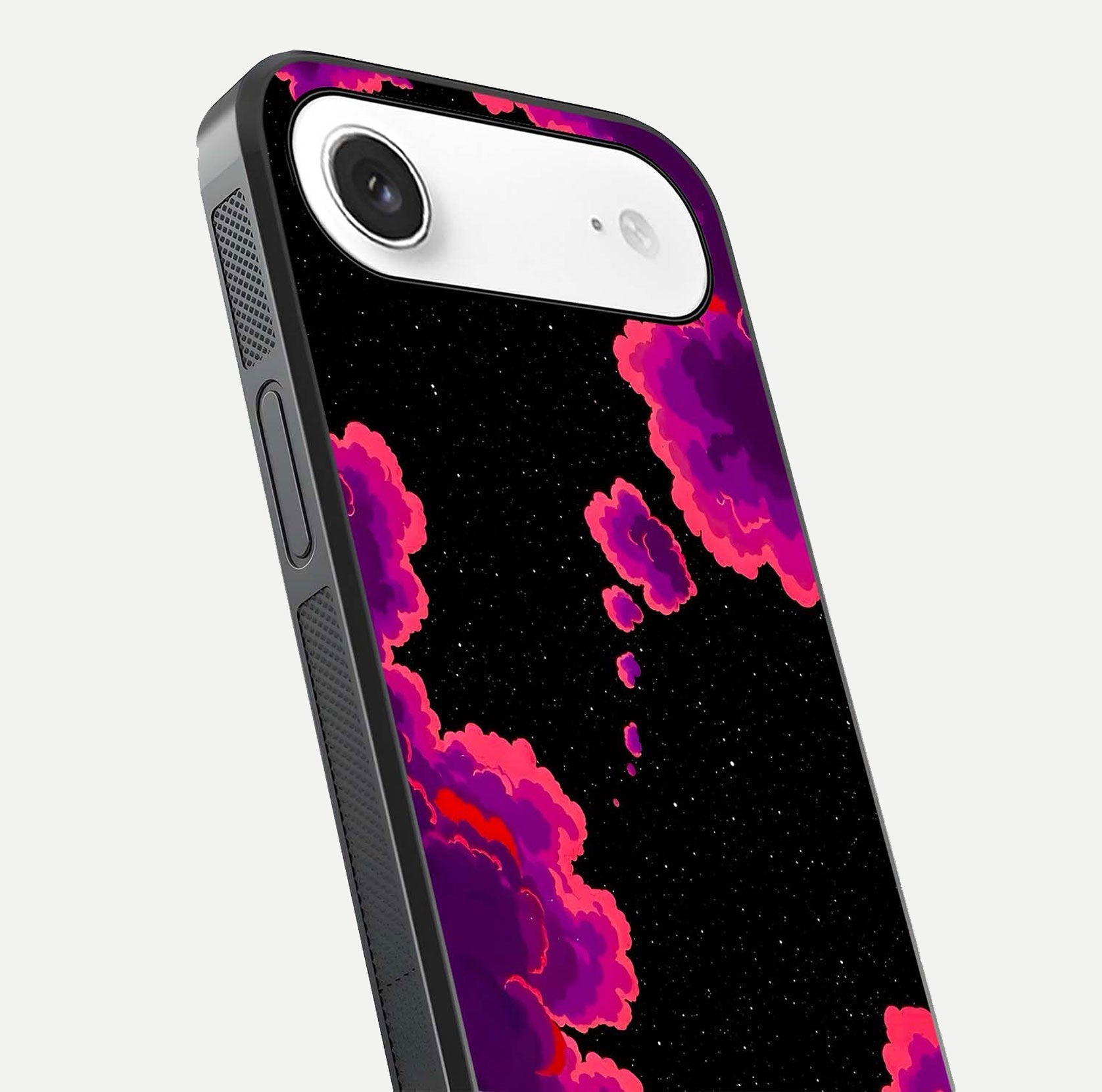 Galaxy Dream Frame Glass Case for iPhone Air  close-up angled shot showing nebula patterns and reflection glow