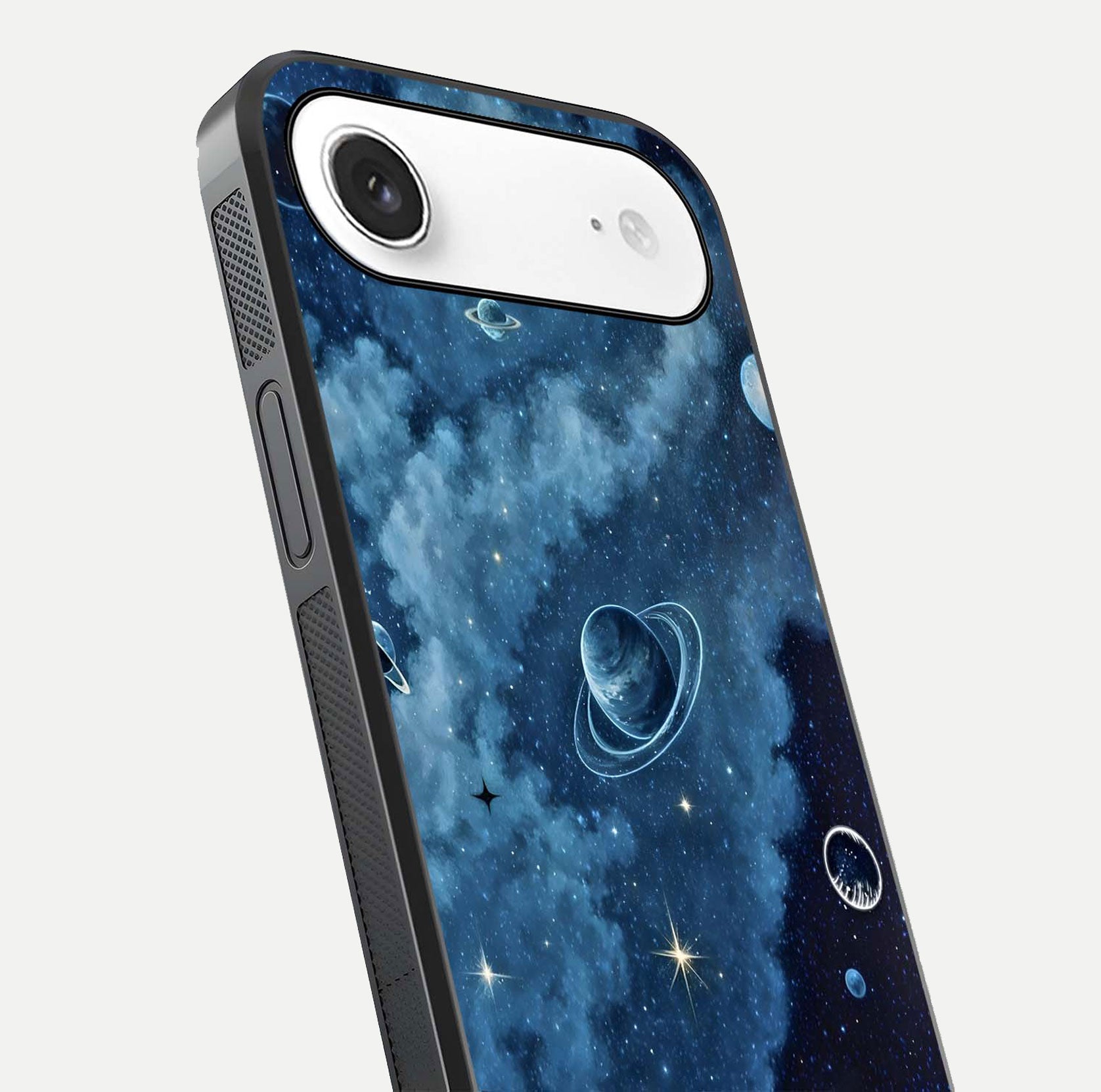 Galaxy Dream Space Glass Case for iPhone Air  close-up angled shot highlighting nebula details and reflection shine