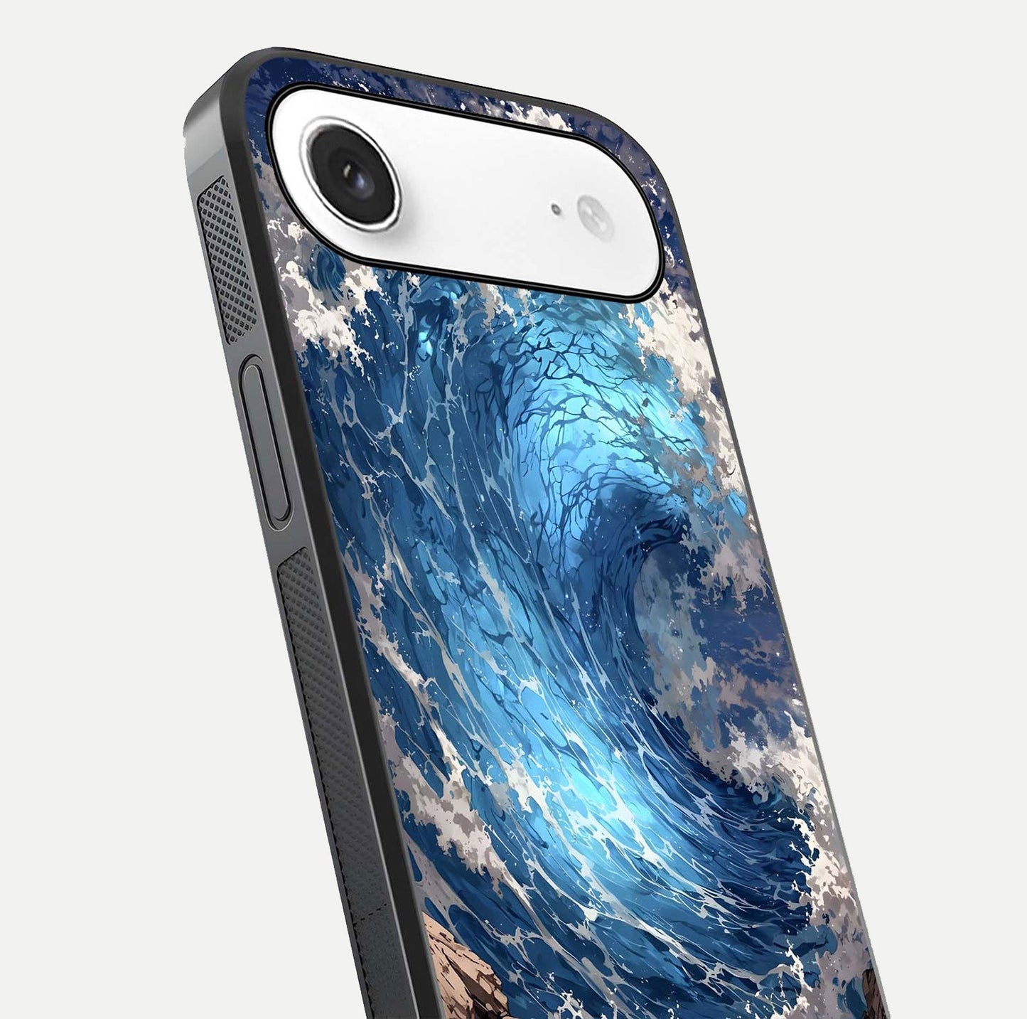 Giant Ocean Wave Glass Case for iPhone Air  close-up angled shot showing wave texture and water reflection shine