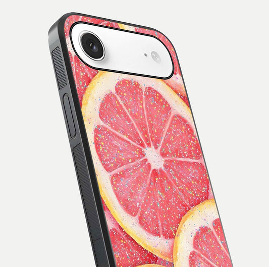 Glitter Grapefruit Glass Case for iPhone Air  close-up angled shot showing fruit texture and glitter reflection