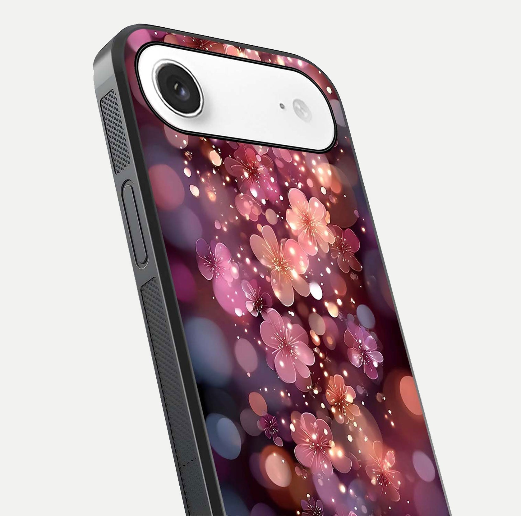 Glowing Petal Bliss Glass Case for iPhone Air  close-up angled shot showing petal glow, color depth, and reflection shine