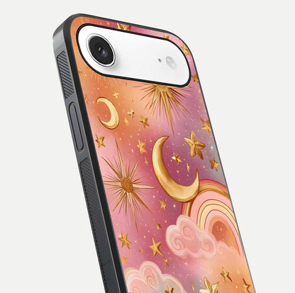 Golden Celestial Dreams Glass Case for iPhone Air  close-up angled shot showing cosmic gold tones and reflection shine