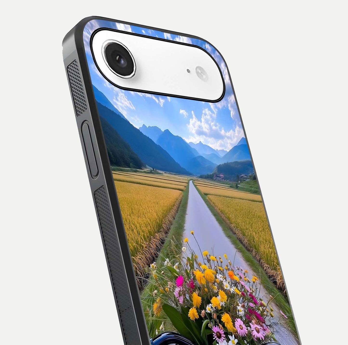 Golden Field Journey Glass Case for iPhone Air  close-up angled shot showing sunlight tones and reflection clarity