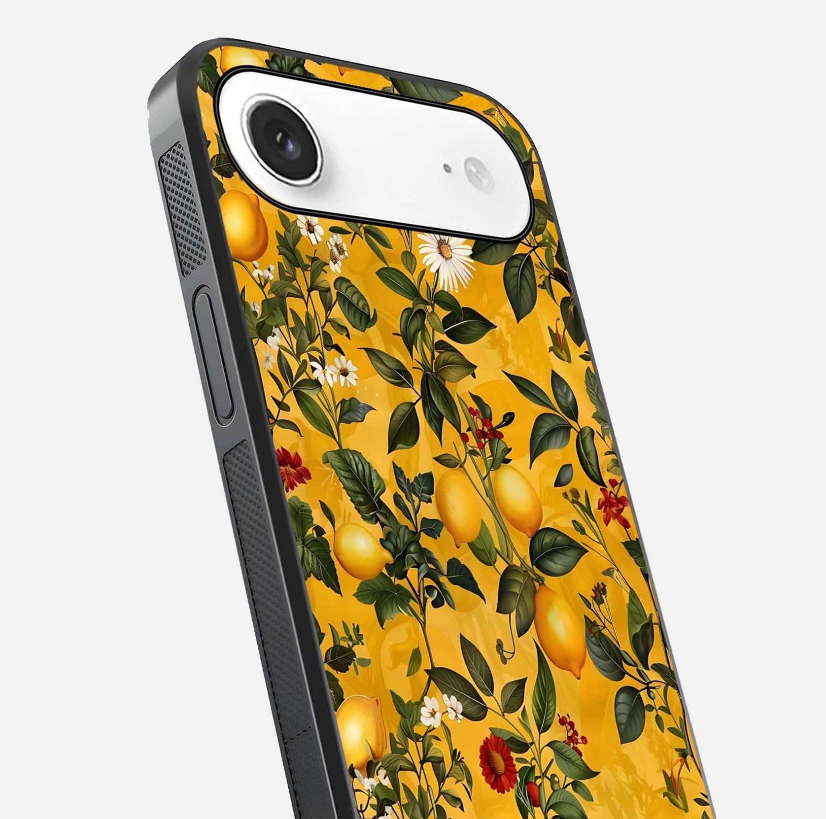 Golden Lemon Field Glass Case for iPhone Air  close-up angled shot showing citrus texture and reflection brilliance