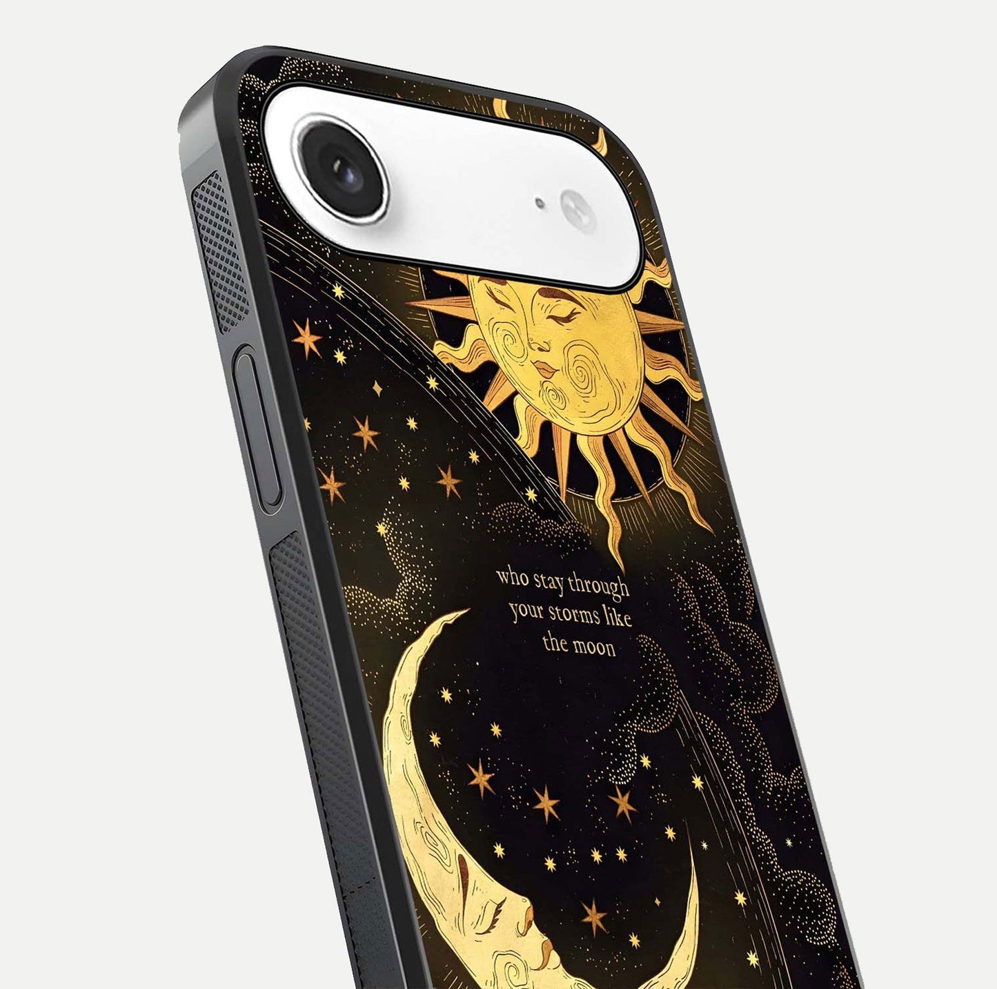 Golden Lunar Love Glass Case for iPhone Air  close-up angled shot showing moon glow, texture, and reflection polish