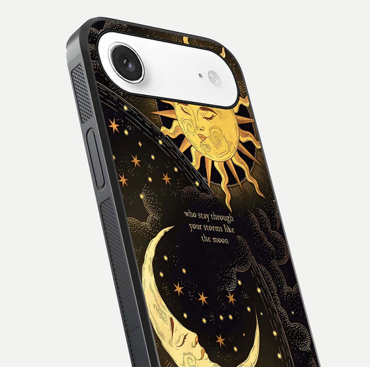 Golden Lunar Love Glass Case for iPhone Air  close-up angled shot showing moon glow, texture, and reflection polish