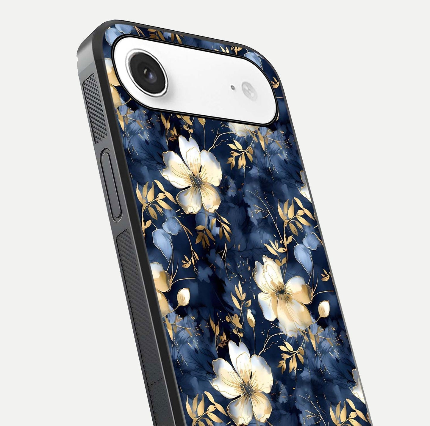 Golden Midnight Bloom Glass Case for iPhone Air  close-up angled shot showing floral detail and reflection shine