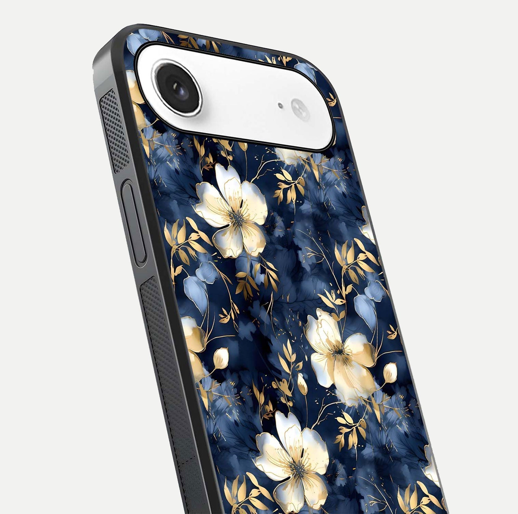 Golden Midnight Bloom Glass Case for iPhone Air  close-up angled shot showing floral detail and reflection shine