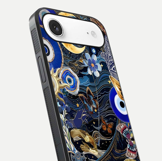 Golden Moon Magic Glass Case for iPhone Air  close-up angled shot showing lunar glow, star detail, and reflection brightness