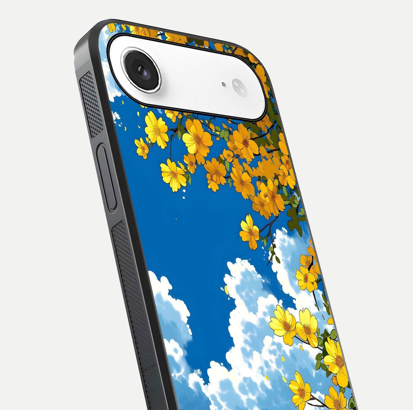 Golden Petal Sky Glass Case for iPhone Air  close-up angled shot showing petal texture and shine reflection