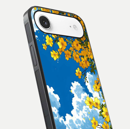 Golden Petal Sky Glass Case for iPhone Air  close-up angled shot showing petal texture and shine reflection