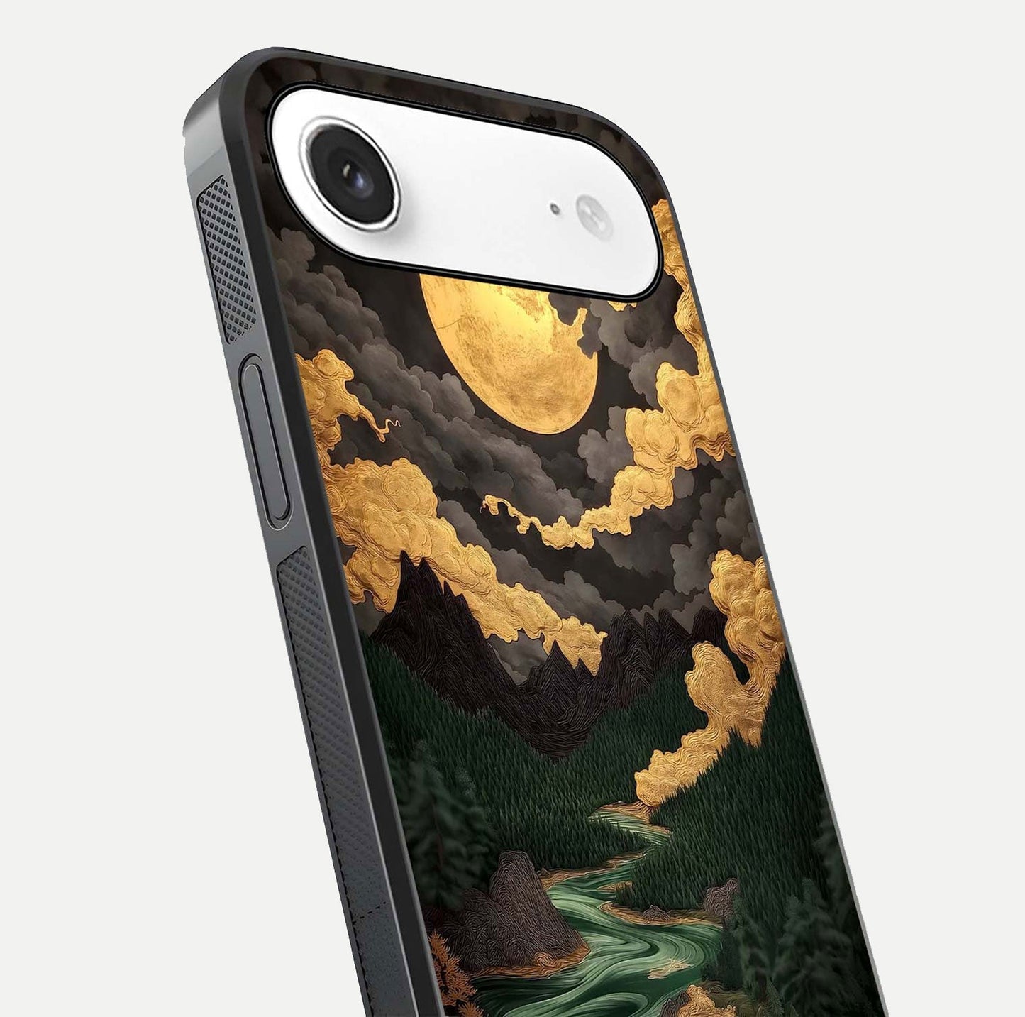 Golden River Moon Glass Case for iPhone Air  close-up angled shot showing moon reflection and water shine
