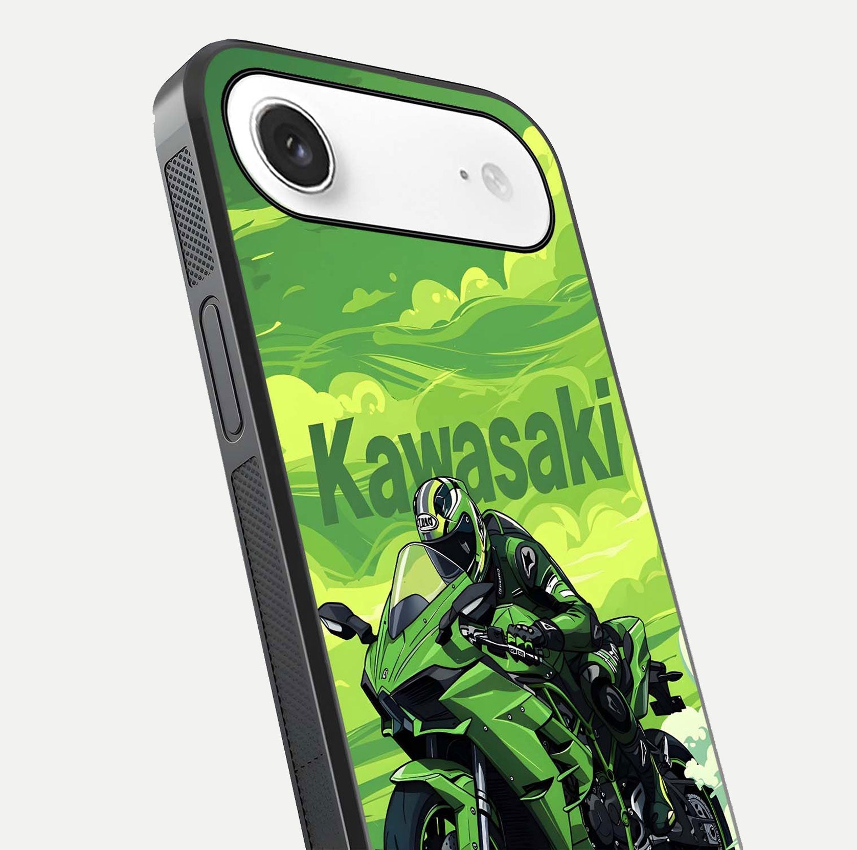 Green Kawasaki Glass Case for iPhone Air  close-up angled shot showing sporty line details and reflection shine