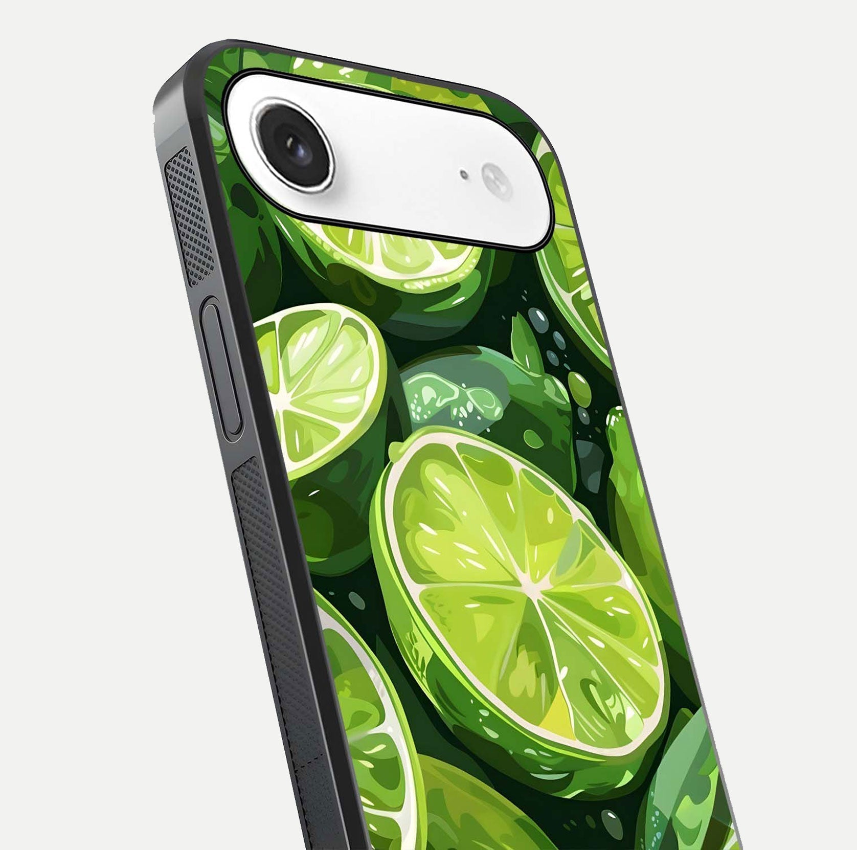 Green Lemon Glass Case for iPhone Air  close-up angled shot showing lemon slice texture and reflection brightness