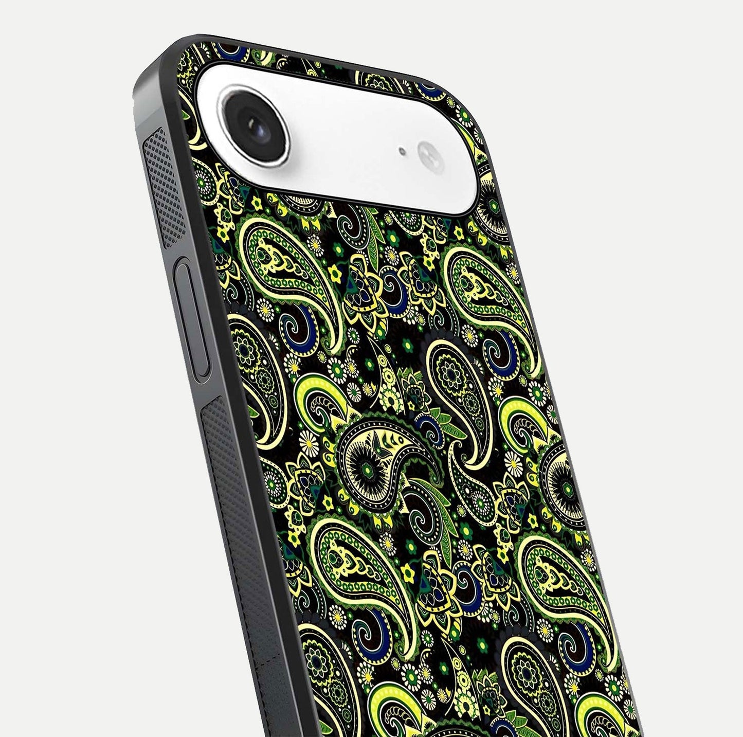 Green Mandala Pattern Glass Case for iPhone Air  close-up angled shot showing fine detailing and gold-green reflection