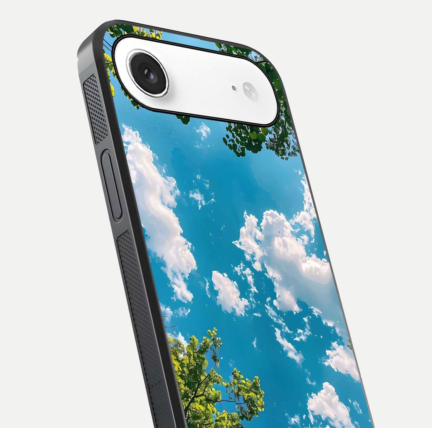 Greenery Sky Glass Case for iPhone Air  close-up angled shot showing leafy tones and reflection brightness