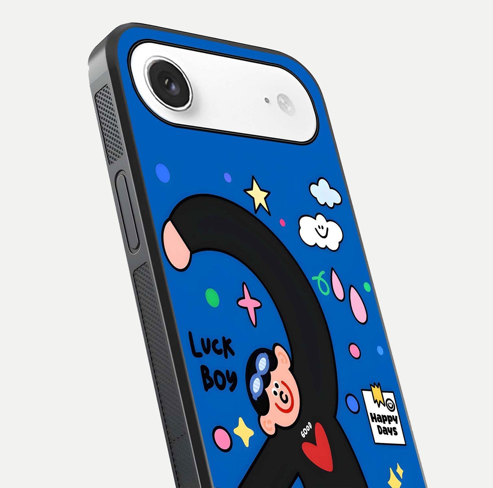 Happy Luck Vibe Glass Case for iPhone Air  close-up angled shot showing color details and reflection shine