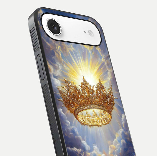 Heavenly Crown Light Glass Case for iPhone Air  close-up angled shot showing glowing halo details and smooth reflection