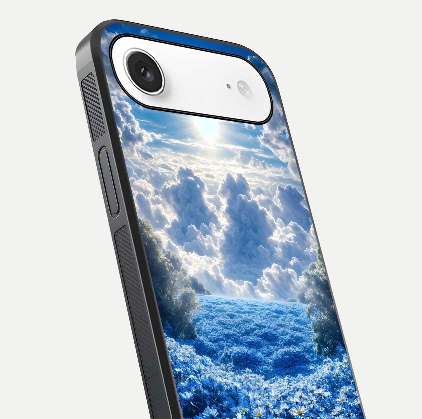 Heavenly Daisy Horizon Glass Case for iPhone Air  close-up angled shot showing daisy petal details and light reflection